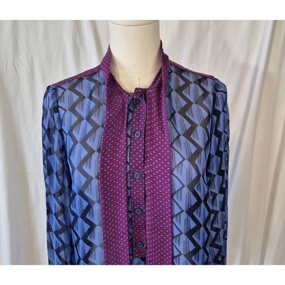 Hale Bob Womens 100% Silk Blue Purple Geometric Sheer Blouse Top Small - Picture 4 of 8